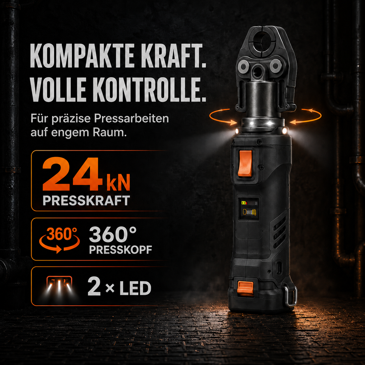 xnesg Akku-Pressmaschine mit 24 kN Presskraft, 360°-Presskopf, Doppel-LED und intelligenter Presskontrolle